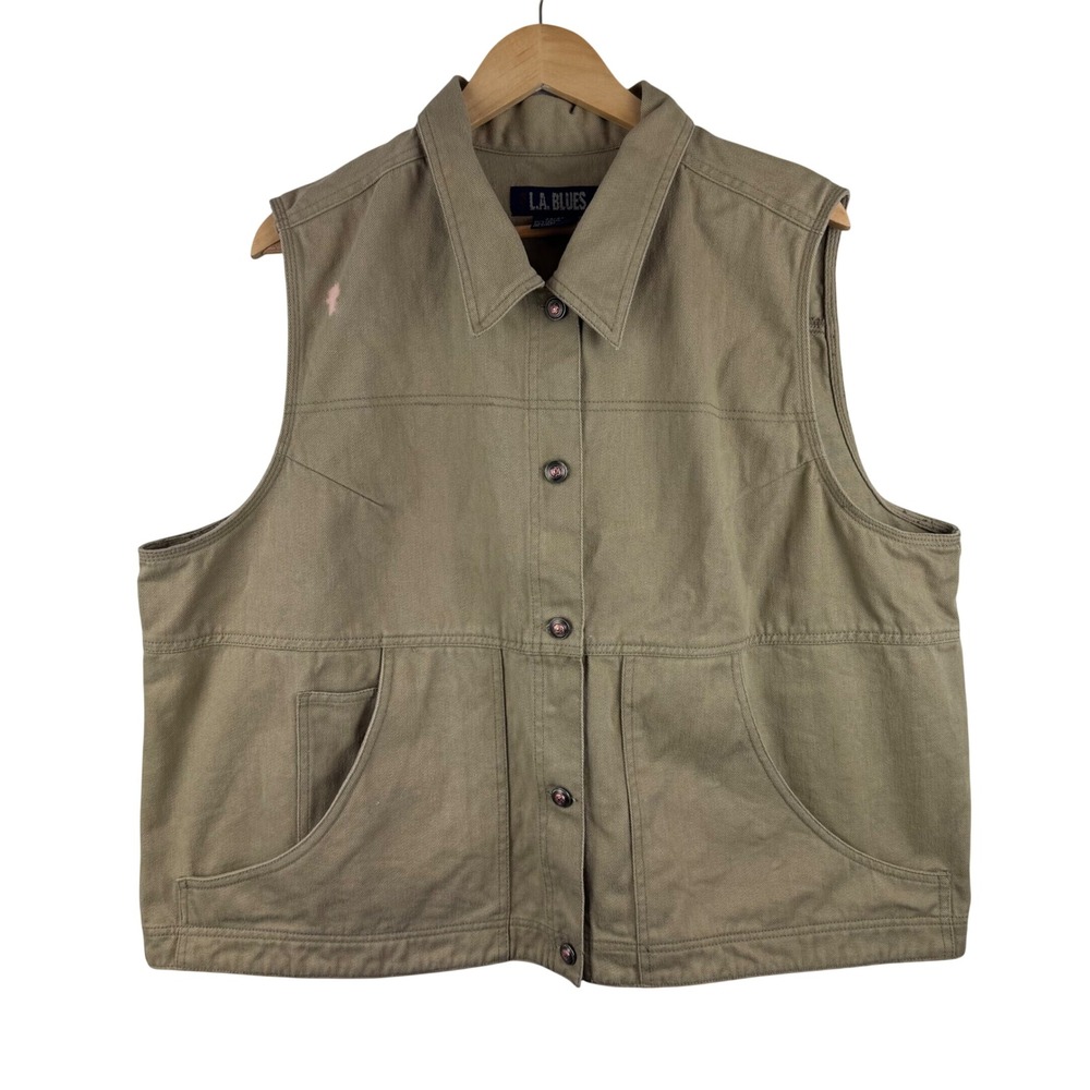 L.A. Blues Utility Vest Womens 22/24 Olive Green Cotton Canvas Button Up Pocket